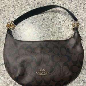 Coach Brown and Black Monogram Shoulder Bag with Gold Accents